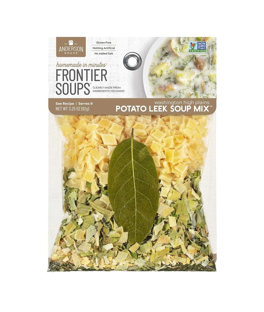 The Frontier Soups Potato Leek Soup Mix package features dry ingredients and a bay leaf visible inside, offering a semi-homemade touch similar to crafting a delightful tortilla soup.