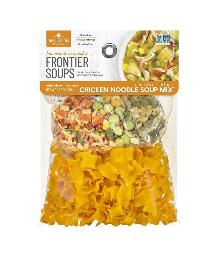 Frontier Soups Chicken Noodle Soup Mix offers a semi-homemade experience with separate bags of noodles and dried vegetables.