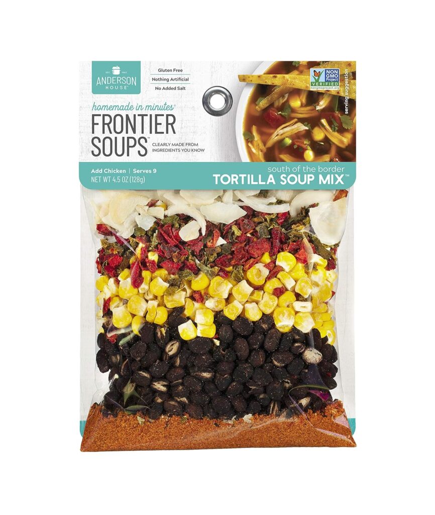 Frontier Soups' semi-homemade Tortilla Soup Mix features colorful ingredients like corn, beans, and spices in clear packaging.