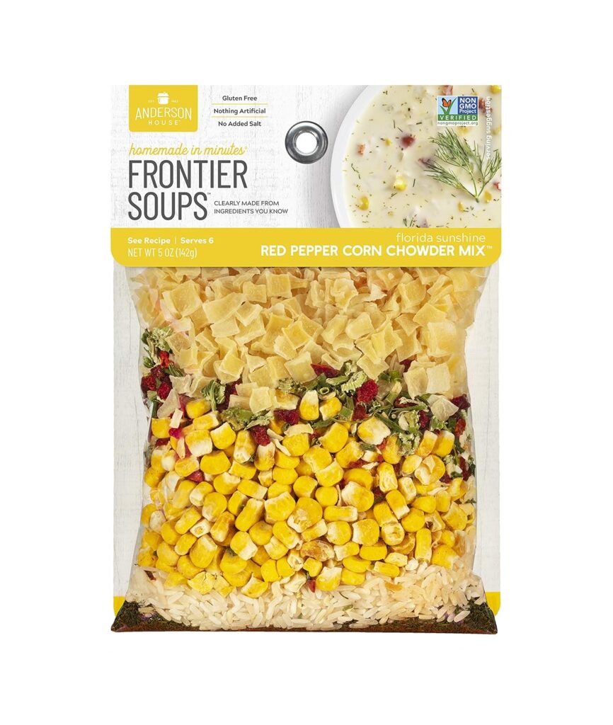 The Frontier Soups Red Pepper Corn Chowder Mix packaging showcases a delightful blend of visible ingredients, perfect for crafting a semi-homemade tortilla soup that brings a touch of warmth and comfort to your dining experience.