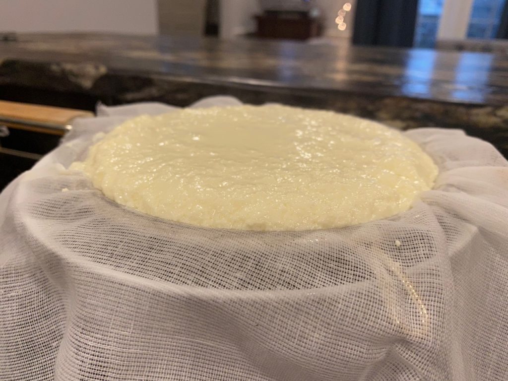 Cheese curds draining through cheese cloth