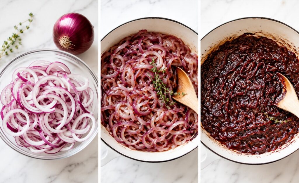 gourmet burger with red wine onion jam