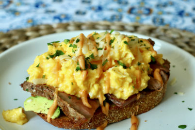 Sliced Steak & scrambled Eggs on Sourdough toast