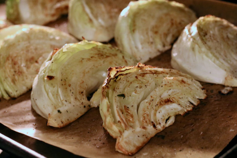 Roasted cabbage wedges on sheet pan