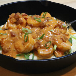 Shrimp & Grits served in Cast Iron Pan