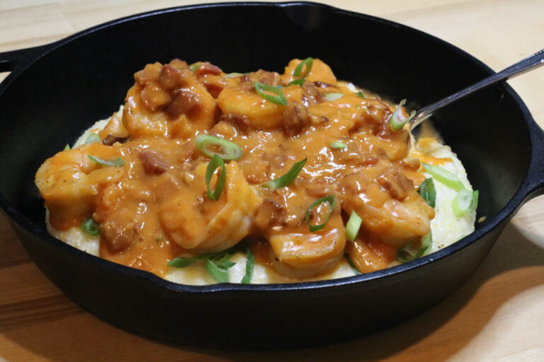 Shrimp & Grits served in Cast Iron Pan