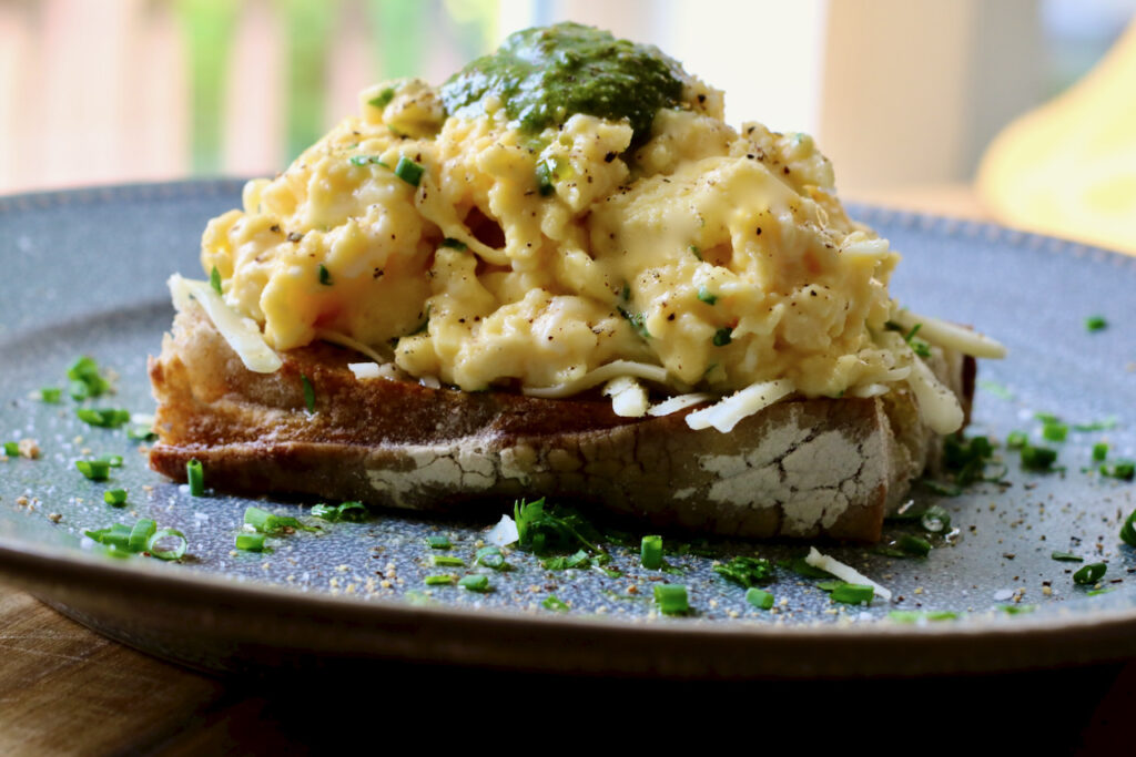 Gordon Ramsay scrambled eggs with pesto & herbs on Sourdough Toast (creamy style eggs)