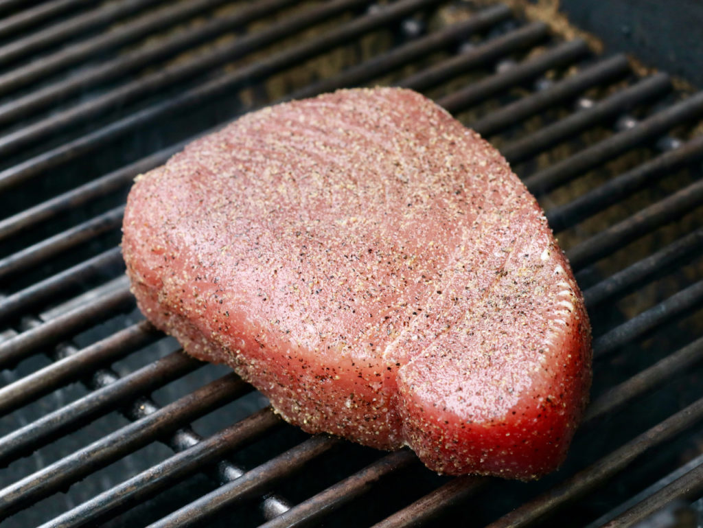 seared tuna steak on grill