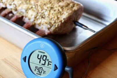 Pork roast with a In oven thermometer set to 140