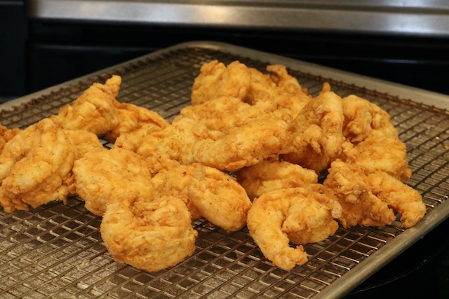 Fried Shrimp on sheet pan with wire rack
