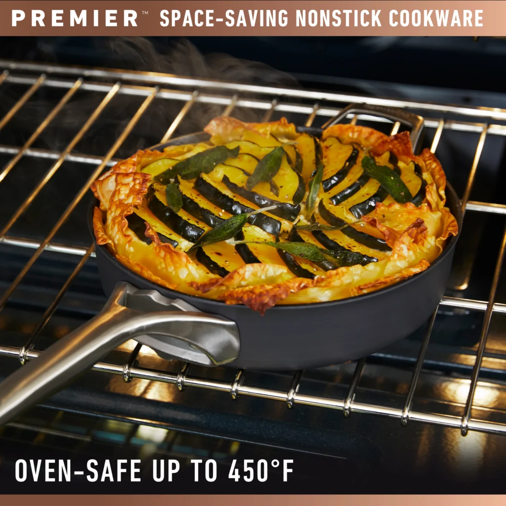 Calphalon Premier pan in an oven demonstrating this pan is oven safe