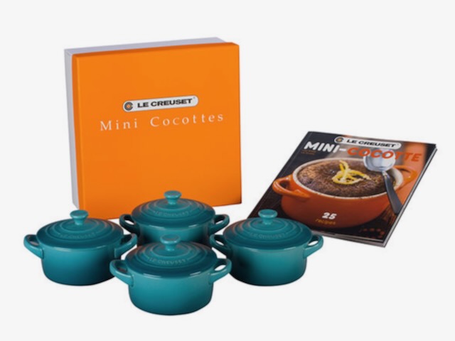 Cast Iron Mini Cocottes Set in blue color with Cookbook in a gift set box