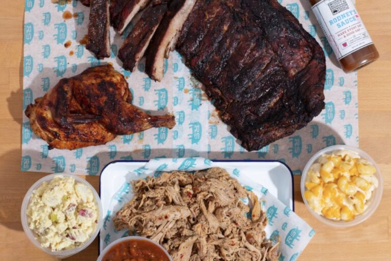 Rodney Scott's Award Winning BBQ + Sides Dinner Kit from gold belly featuring BBQ ribs, BBQ chicken, Pulled pork, potato salad and macaroni and cheese