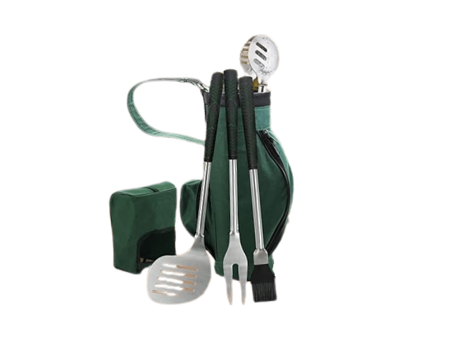 A green barbecue tool set including a slotted spatula, a meat fork, a basting brush, and a cleaning brush, all with black handles. The tools are placed in a green carrying bag with a shoulder strap. 