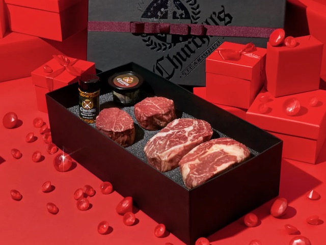 Churchills Ribeye & filet mignon prime steak gift box in luxury black box showcasing 2 of each steak, steak seasoning and steak butter