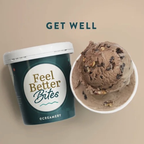 feature image for Get Well ice cream with ice cream container saying "Feel Better Bites" and cup of ice cream next to it