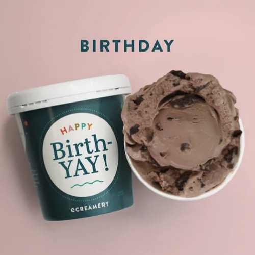 feature image for birthday gift ice cream container with ice cream pint saying "Happy Birthday" and cup of ice cream next to it