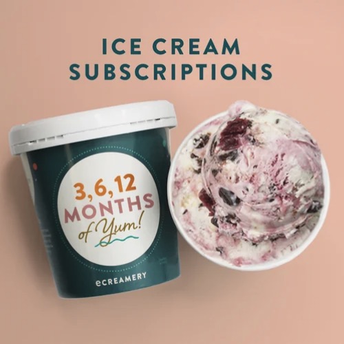 feature image for ice cream subscriptions with ice cream container saying "3,6, 12 months of yum" and cup of ice cream next to it