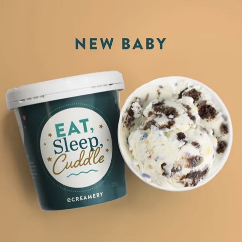 feature image for New Baby Gift with ice cream container saying "Eat, Sleep, Cuddle" and cup of ice cream next to it