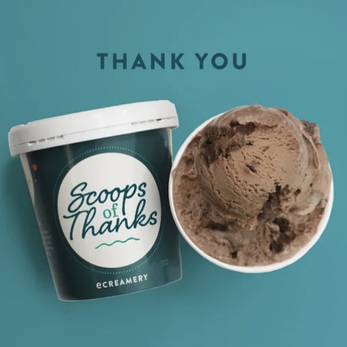 feature image for Thank you Gift with ice cream container saying "Scoops of Thanks" and cup of ice cream next to it