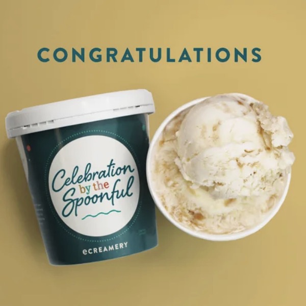 feature image for Congratulations gift with ice cream container saying "Celebration by the Spoonful and cup of ice cream next to it
