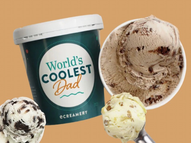 E-creamery feature image for Fathers day showing a ice cream tub with "World's coolest Dad" on it with three kinds of ice cream scoops