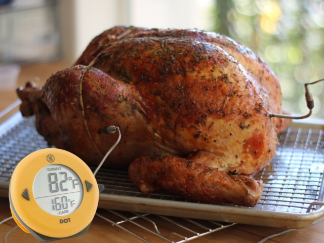 Amidst a setting of feast and merriment, the roast turkey sits proudly on its rack, with a meat thermometer nestled in it showing 82°F.