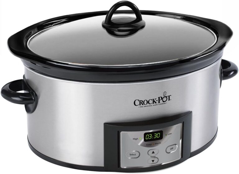 A stainless steel Crock-Pot slow cooker with a digital display and black handles and lid.