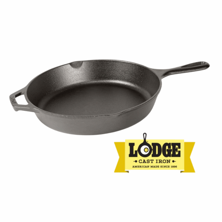 Black cast iron skillet with a handle, next to the yellow Lodge Cast Iron logo—your kitchen essential for the best cast iron skillet performance.