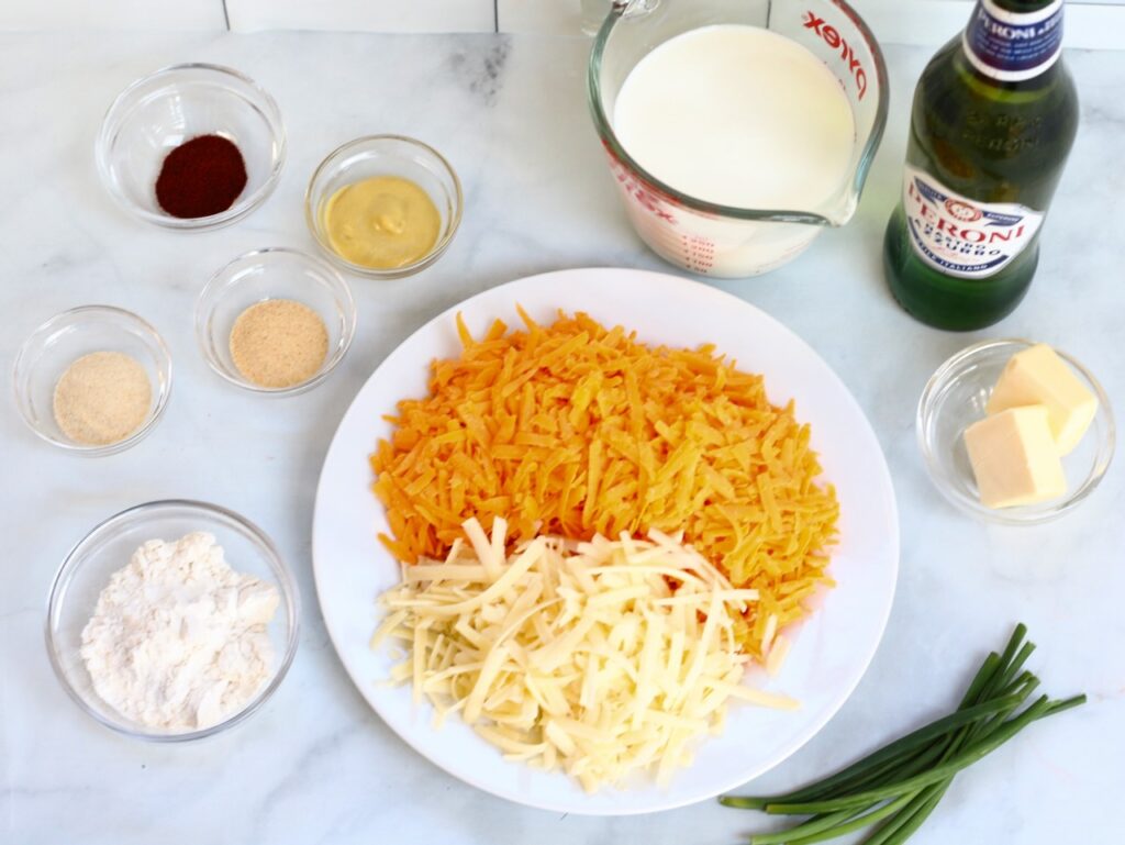 Ingredients laid out for homemade beer cheese dip