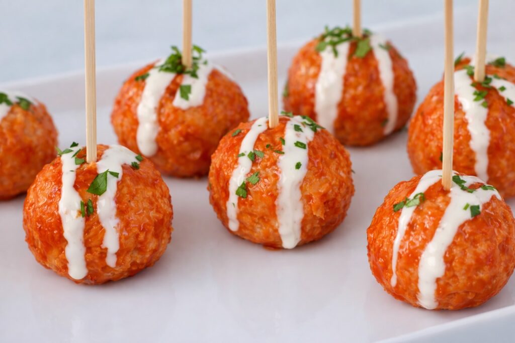 Slow cooker buffalo chicken meatballs on a serving plate with toothpicks