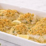 Ritz Cracker Crusted Baked Cod in a baking dish