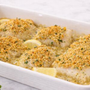 Ritz Cracker Crusted Baked Cod in a baking dish
