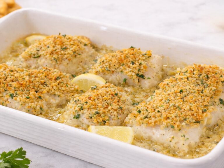 Ritz Cracker Crusted Baked Cod in a baking dish