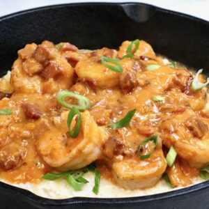 Shrimp & Grits served in Cast Iron Pan