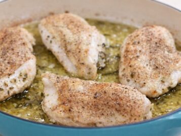 Ina Gartens lemon chicken in a pan just out f the oven