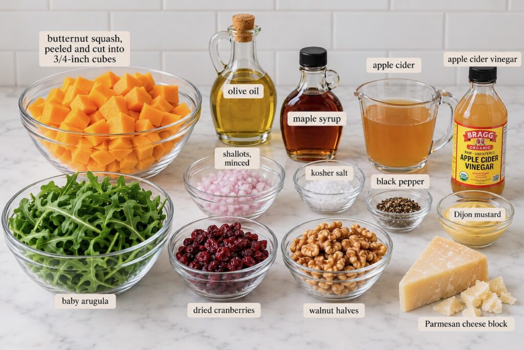 Ingredients needed to make Ina Garten Butternut Squash Salad