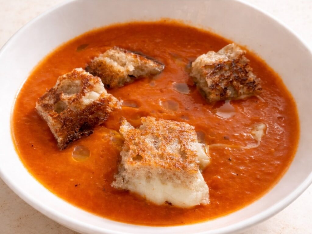 Ina Garten tomato soup topped with grilled cheese croutons