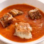 Ina Garten tomato soup topped with grilled cheese croutons