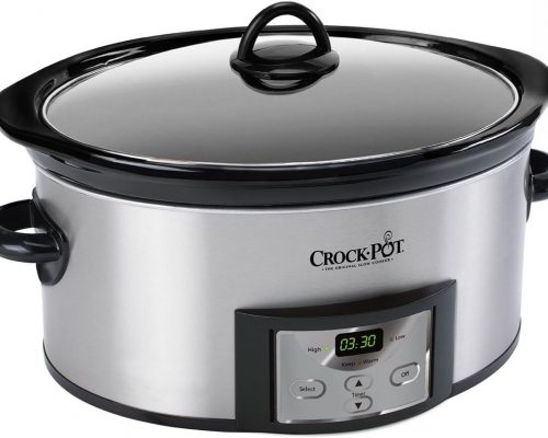 A stainless steel Crock-Pot slow cooker with a digital display and black handles and lid.