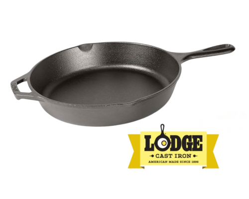 Black cast iron skillet with a handle, next to the yellow Lodge Cast Iron logo—your kitchen essential for the best cast iron skillet performance.