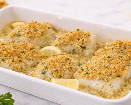 Ritz Cracker Crusted Baked Cod in a baking dish