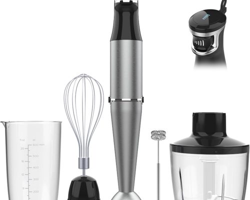 Immersion blender set with a mixing beaker, whisk attachment, milk frother, and food processor bowl.