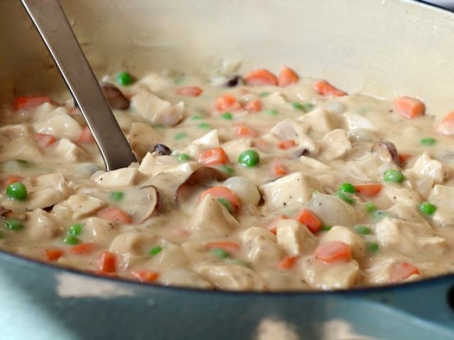 Chicken Pot Pie Filling being stirred in Pot