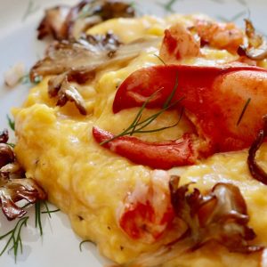 Soft scrambled eggs with lobster