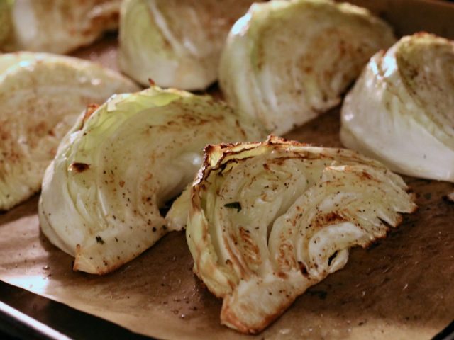 Roasted cabbage wedges on sheet pan